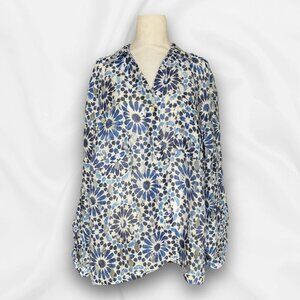 Ruby Rd Woman Size 20W Blue Floral Burnout Blouse | Sheer Linen-Blend